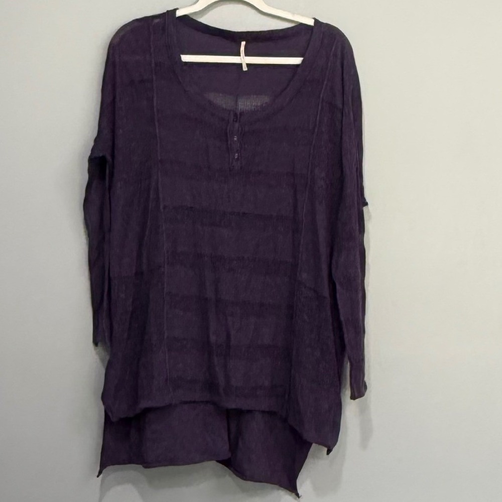 Free People Purple Linen Blend Striped Henley High Low Tunic Top XS